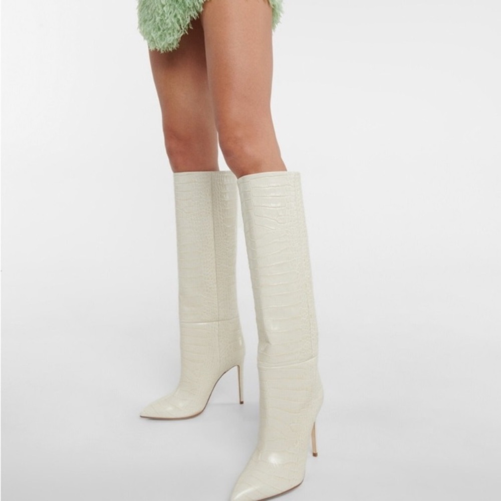 PARIS TEXAS Embossed Croco Bone China Cream Tall Stiletto Boots - Picture 12 of 16